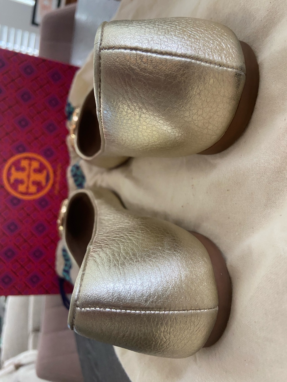 Tory Burch Metallic Gold Logo Ballet Flats - Picture 7 of 12